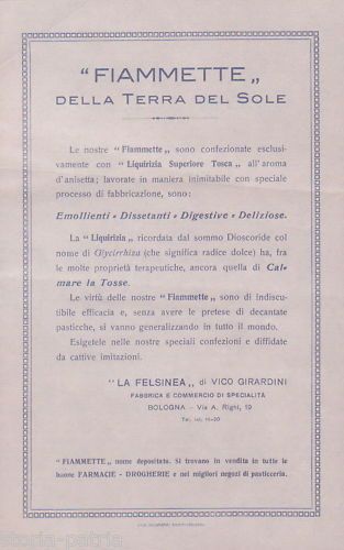 Pubblicità Pastiglie Felsinea Liquirizia Bologna Anni '20