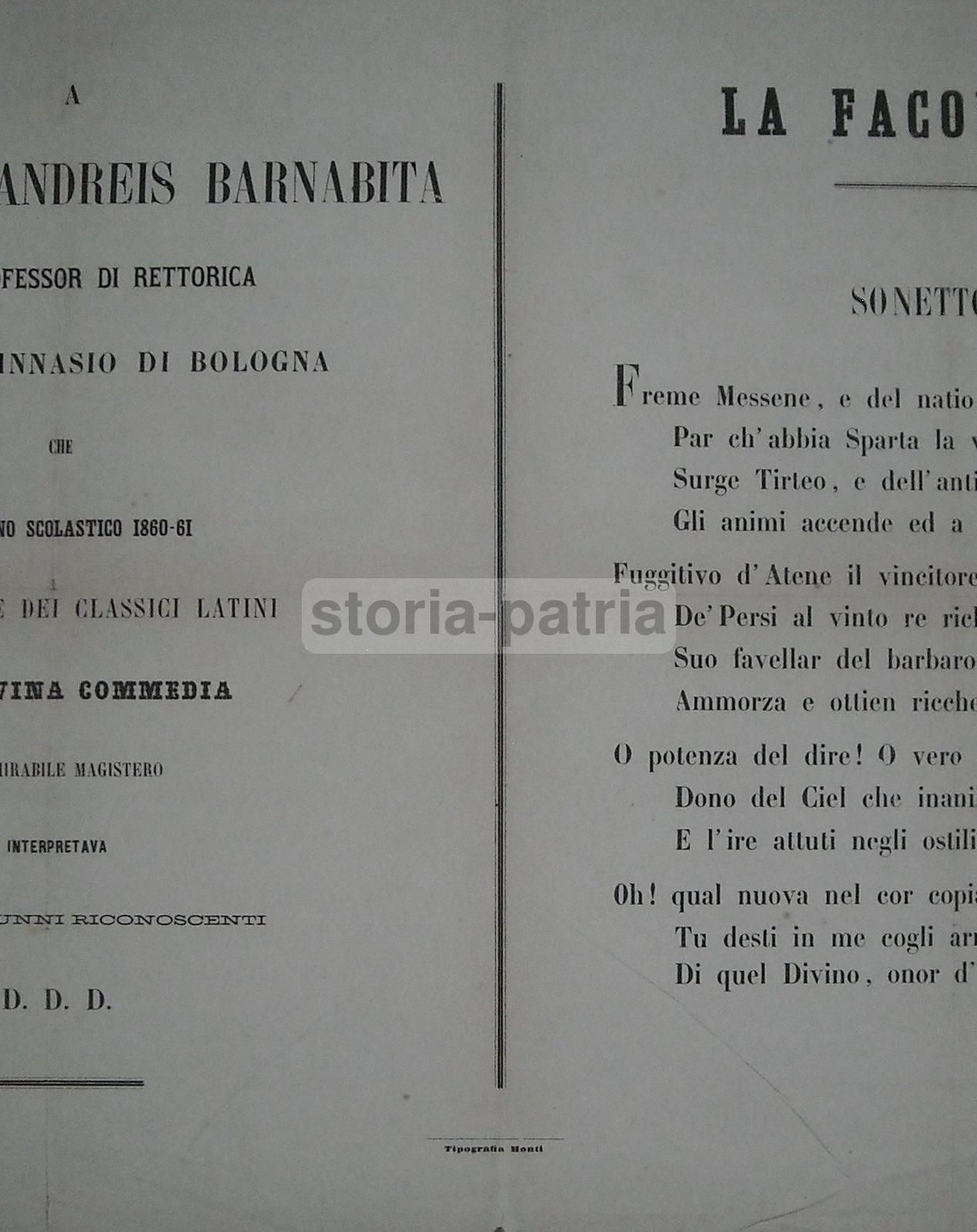 Sonetto La Facondia Di Pietro Cuppini Per Giuseppe De Andreis, Bologna 1861