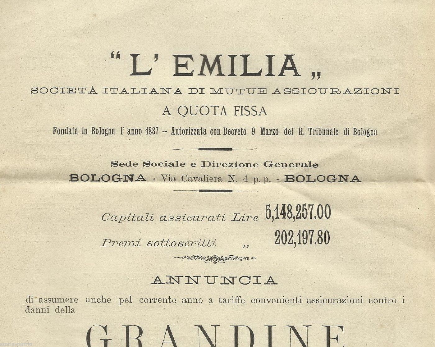 Volantino Assicurazioni L'Emilia, Bologna, 1891