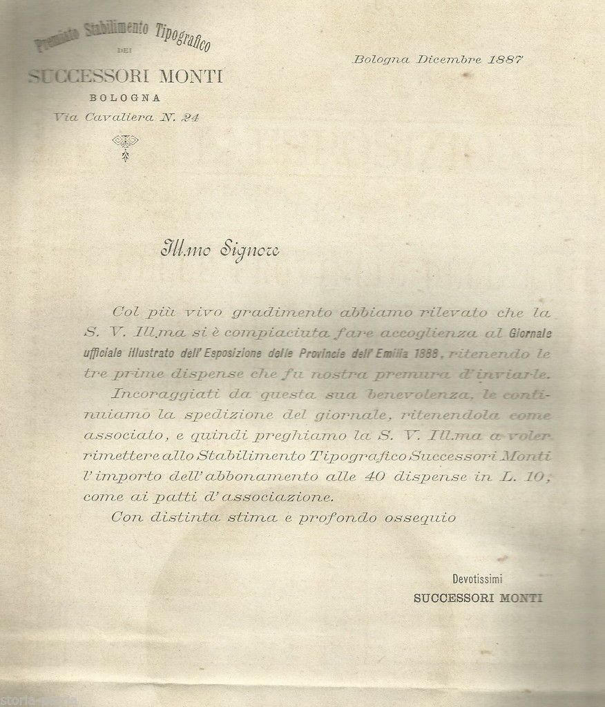 Bologna, Tipografia Monti: Esposizione Emilia 1888, Abbonamento