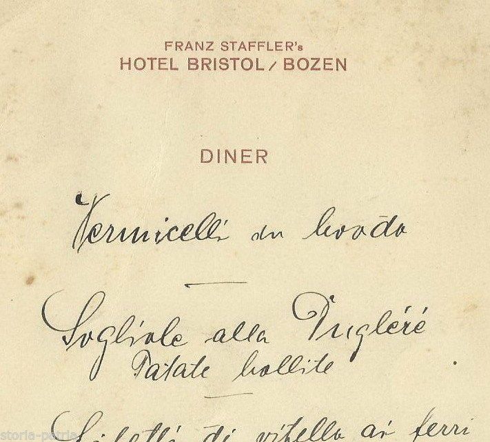 Antico Menu Hotel Bristol Bolzano Franz Staffler, Anni '20