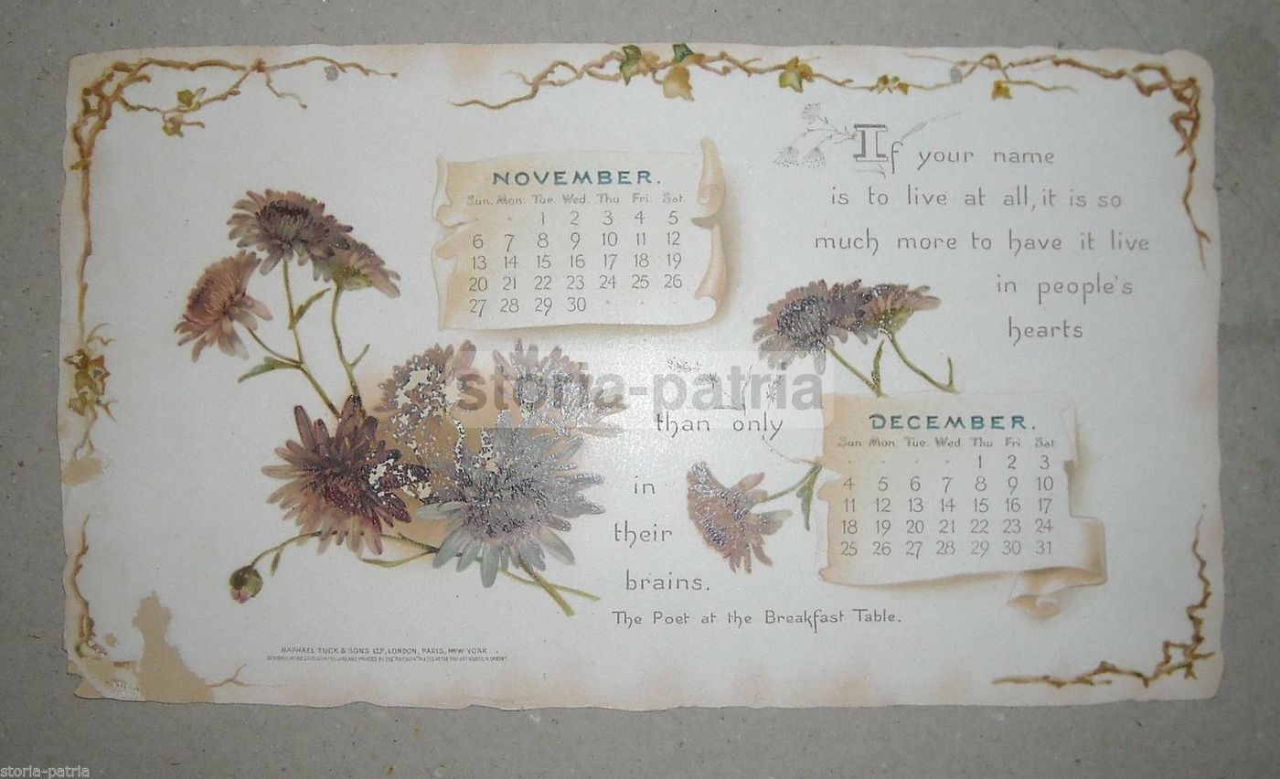 Calendario Antico 1898 Novembre Dicembre Fiori Cromolitografia