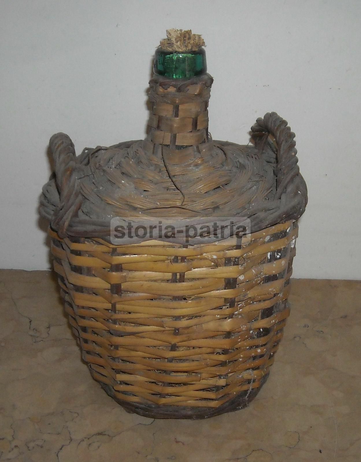 Bottiglia Viresa In Vetro Verde Impagliata, Anni '20 '30