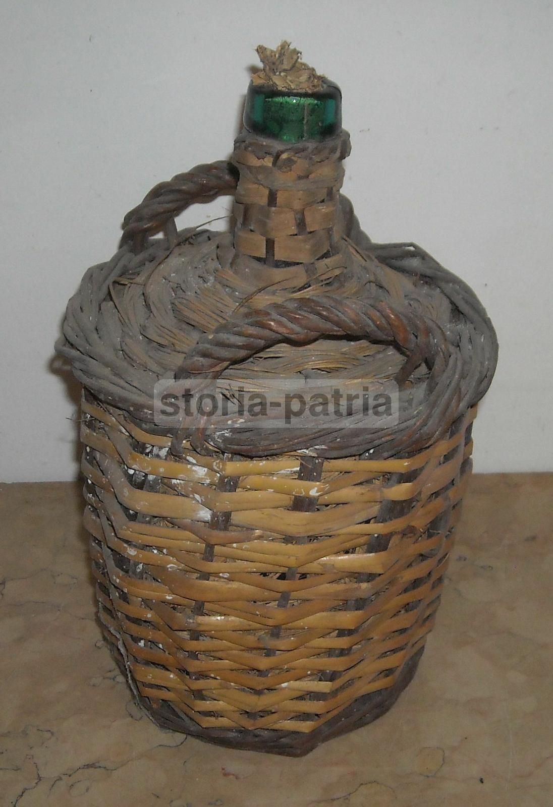 Bottiglia Viresa In Vetro Verde Impagliata, Anni '20 '30