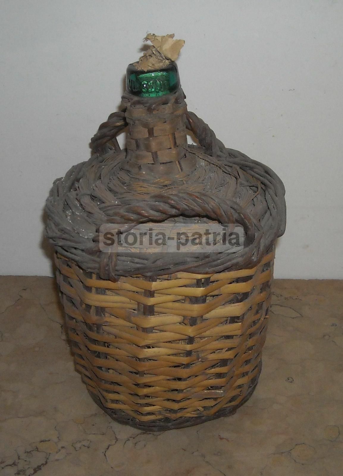 Bottiglia Viresa In Vetro Verde Impagliata, Anni '20 '30