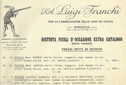 Listino Pubblicitario Fucili Da Caccia Luigi Franchi, Brescia