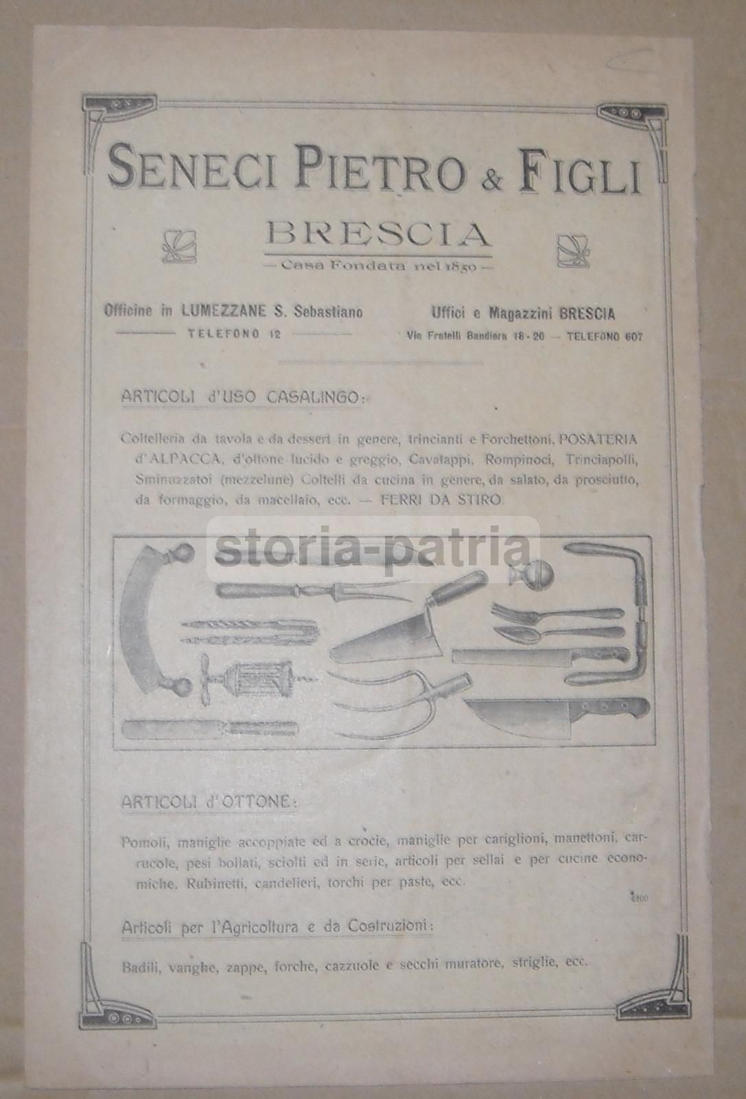 Volantino Pubblicitario Pietro Seneci & Figli Brescia Anni '20