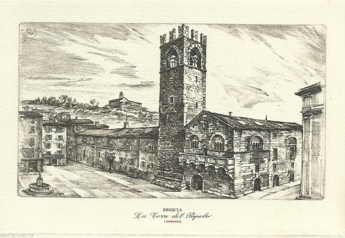 Cartolina Brescia, Torre Del Popolo   Illustrazione Di Petrus, Cartiera Miliani 1956