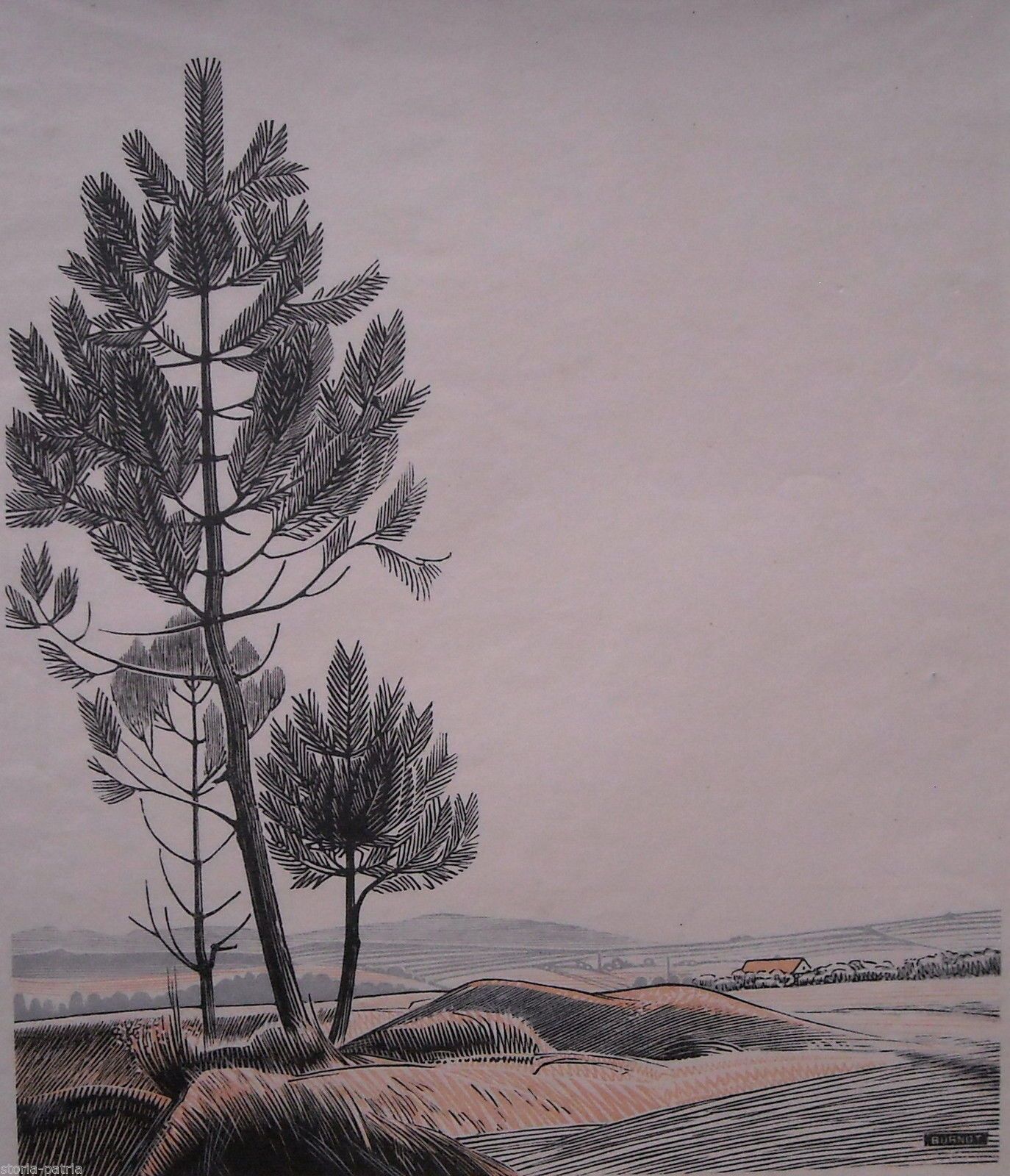 Xilografia Burnot Paesaggio Con Alberi Metà Novecento 28x22 Cm