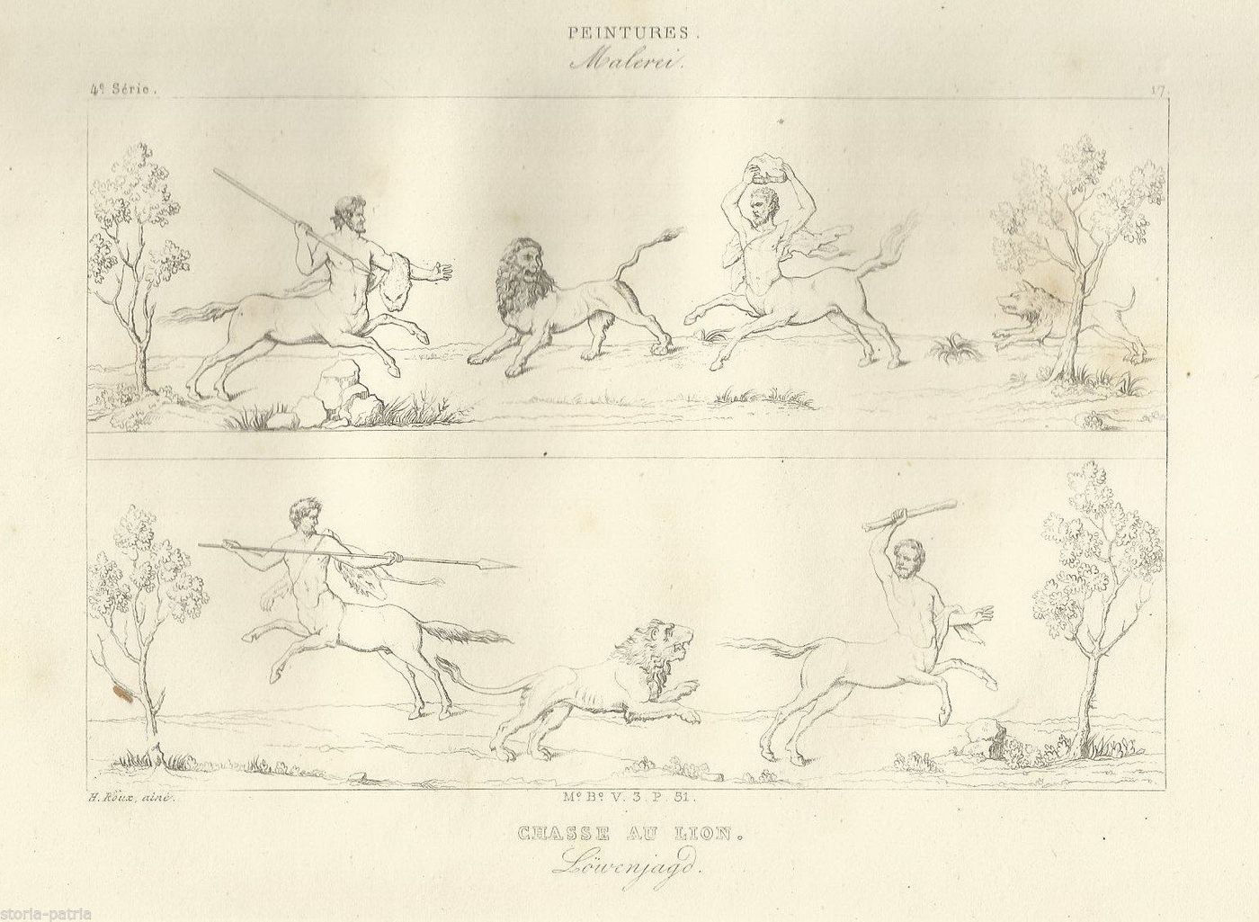 Antica Incisione Caccia Al Leone, H. Roux, XIX Secolo, Pitture Pompeiane