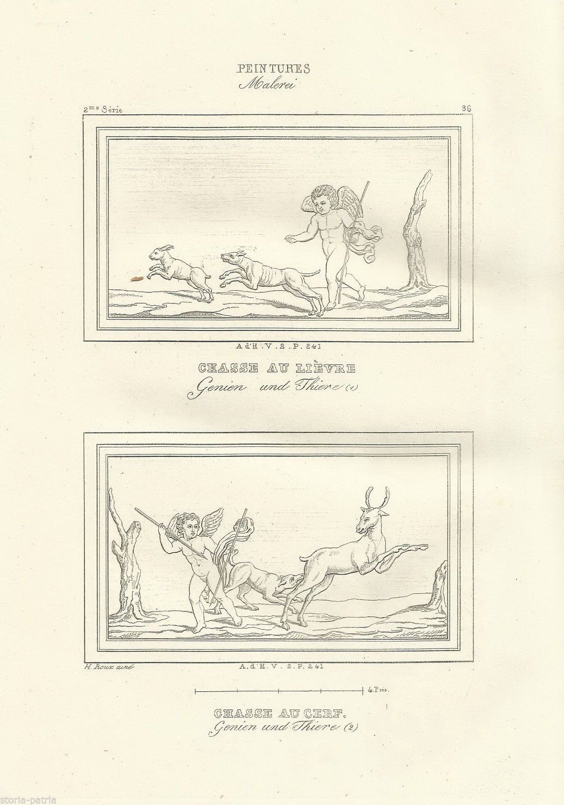 Antica Incisione Caccia Alla Lepre E Al Cervo Di H. Roux