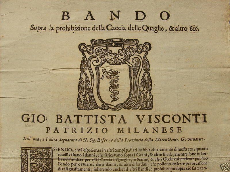 Bando Caccia Quaglie 1731 Macerata Stemma Araldico Visconti