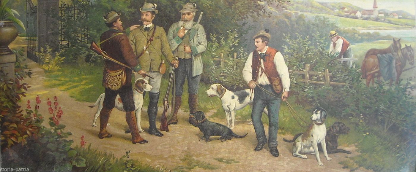 Stampa Antica Cacciatori Con Cani E Fucili Paesaggio Tirolese