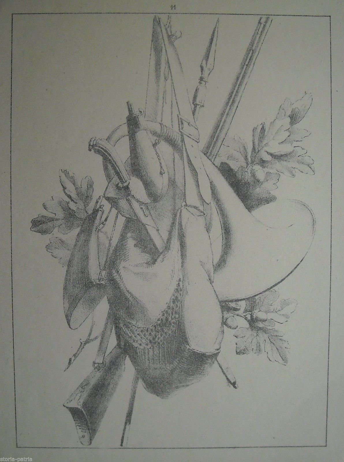 Stampa Antica Allegoria Della Caccia Con Utensili Da Cacciatore, Circa 1900