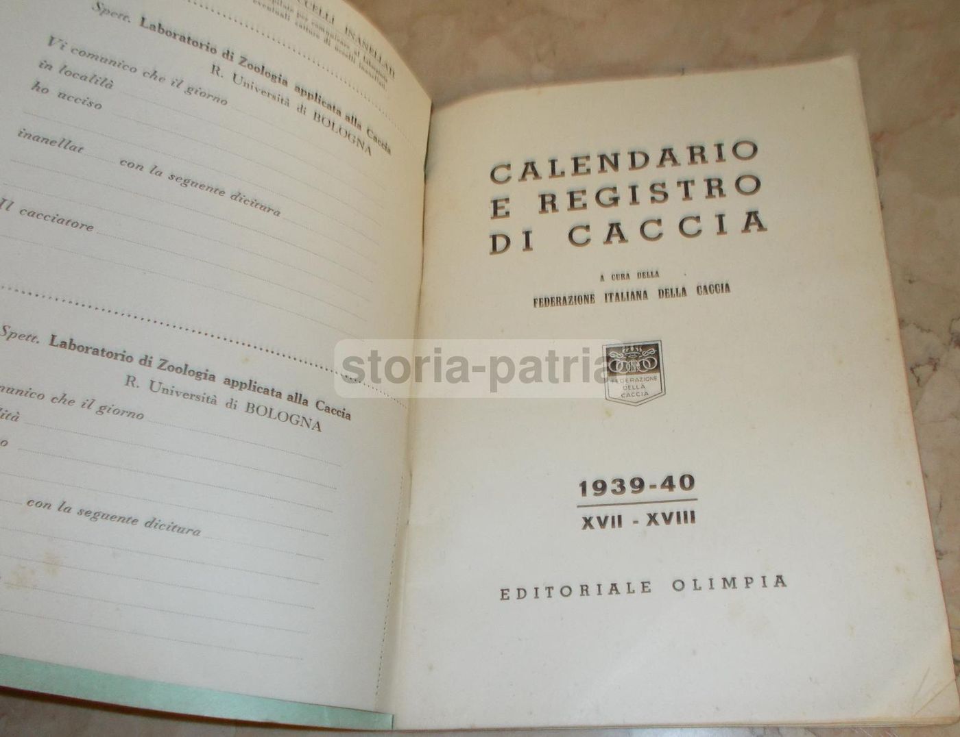 Calendario E Registro Di Caccia 1939, Federazione Italiana Caccia