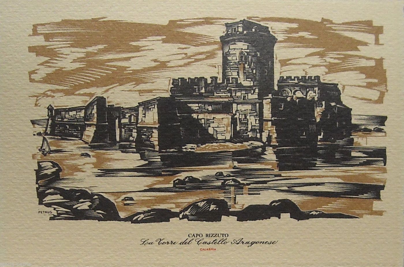 Cartolina Artistica Torre Castello Aragonese Capo Rizzuto 1956