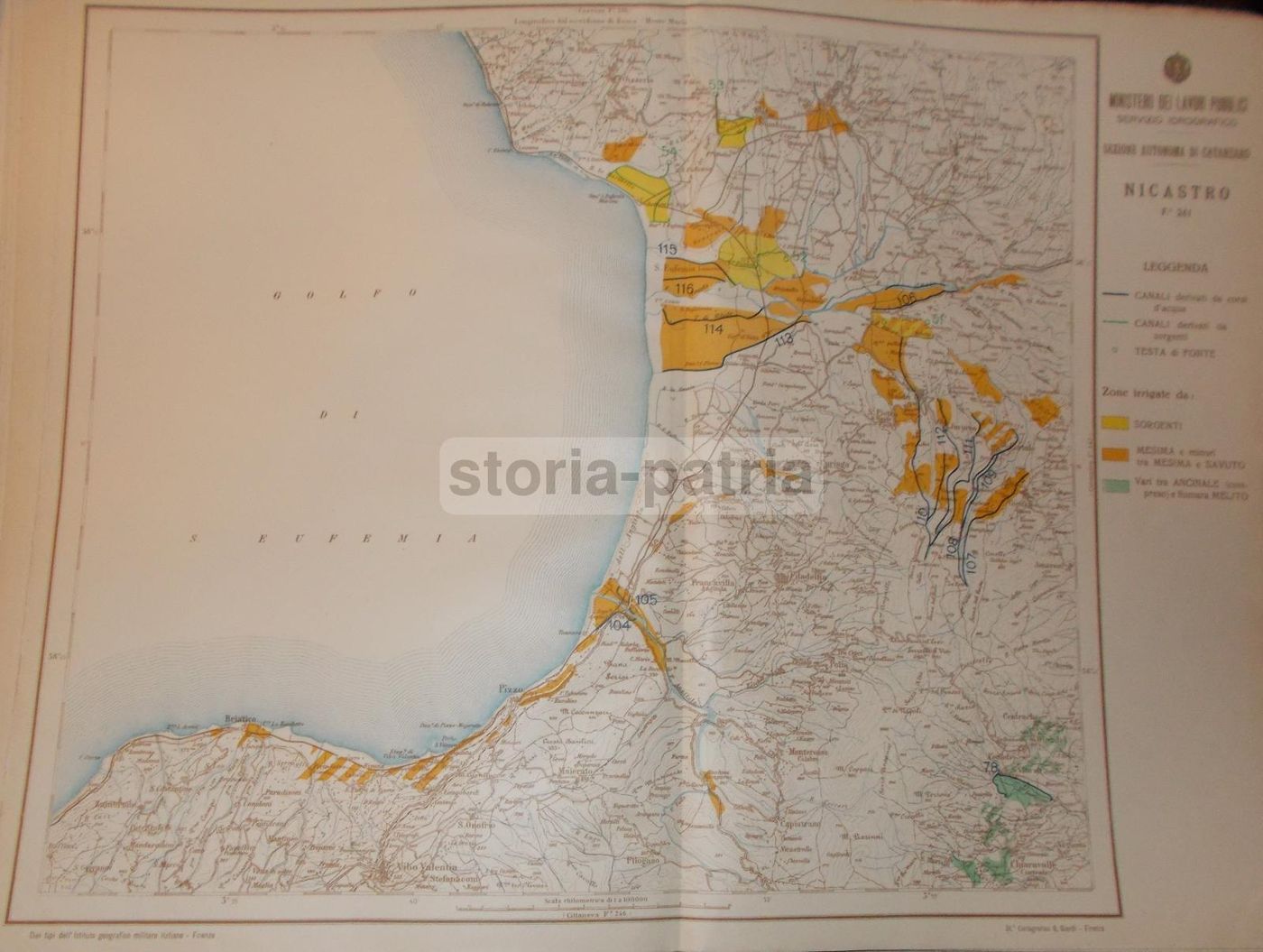 Mappa Idrologica Calabria: Nicastro, Filadelfia, Vibo Valentia (circa 1940)