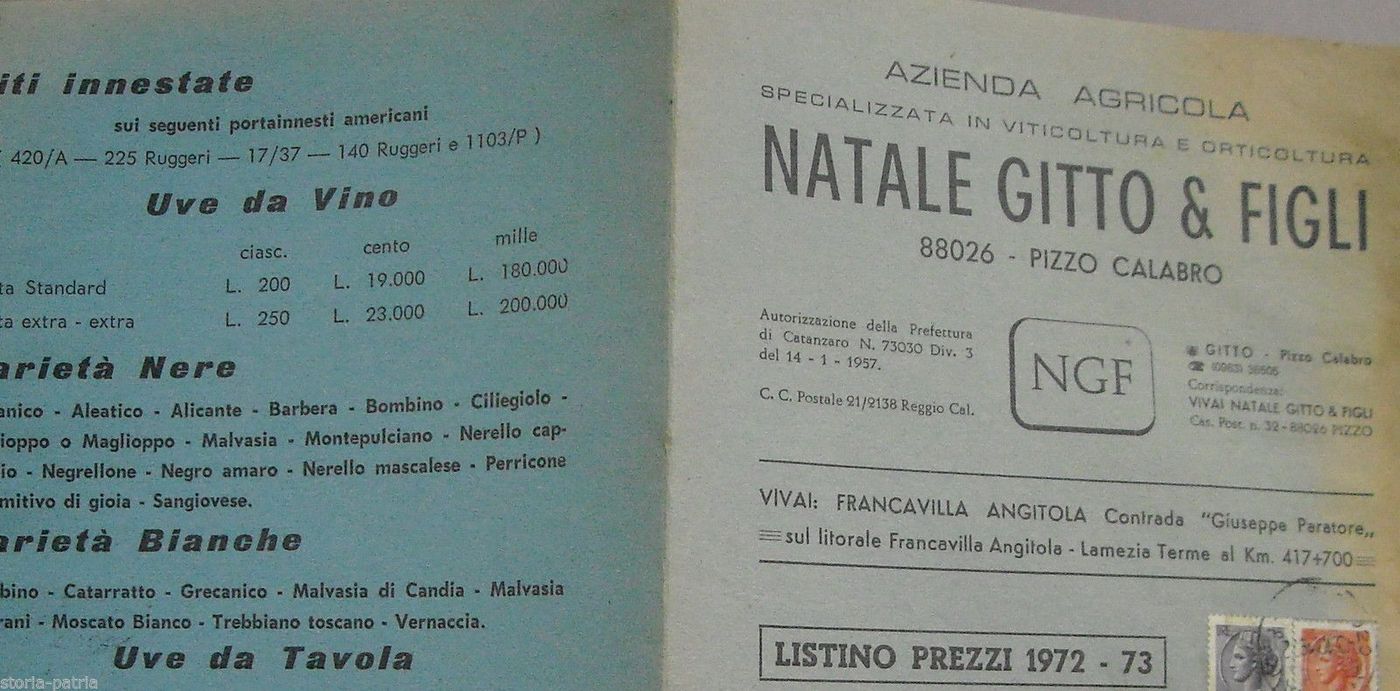 Depliant Pubblicitario Azienda Agricola Gitto, Pizzo Calabro 1972