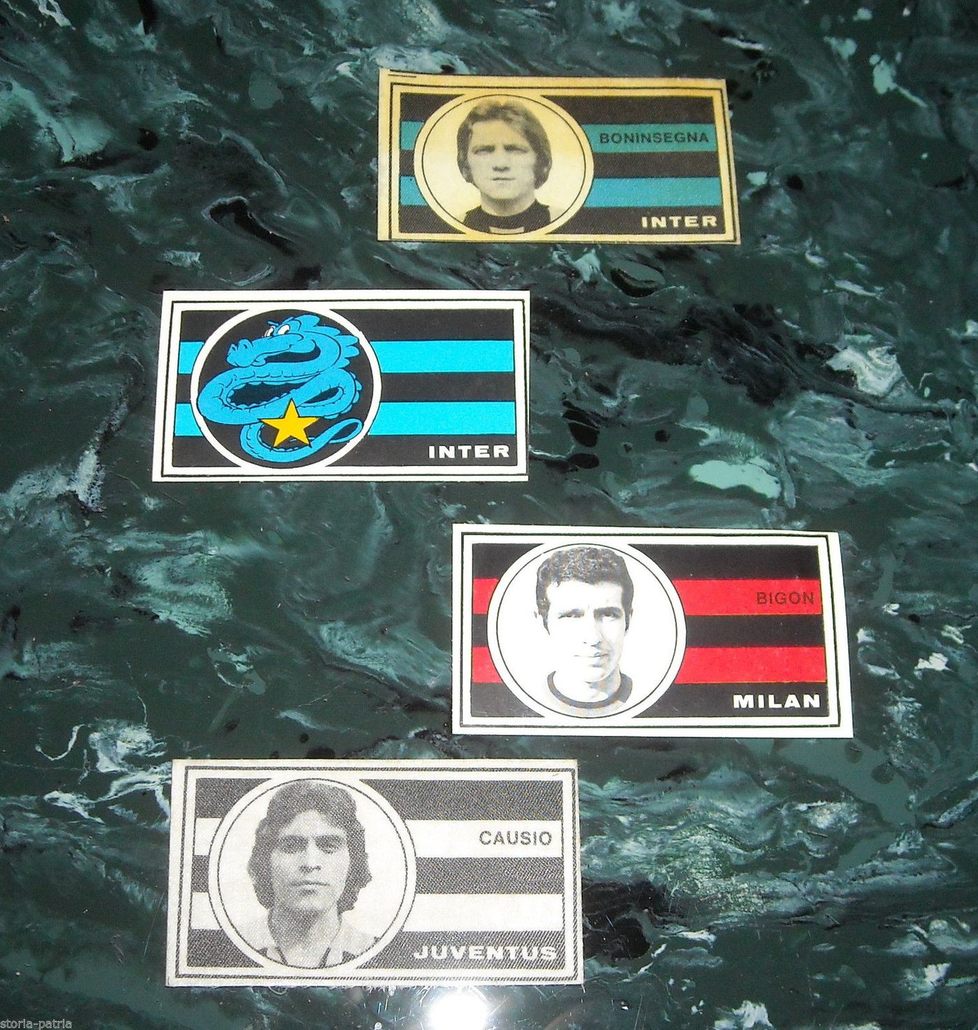 Figurine Calciatori Anni '70: Inter, Milan, Juventus (Boninsegna, Bigon, Causio)