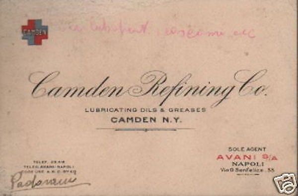 Biglietto Pubblicitario Camden Refining Co. Napoli, Epoca Avani