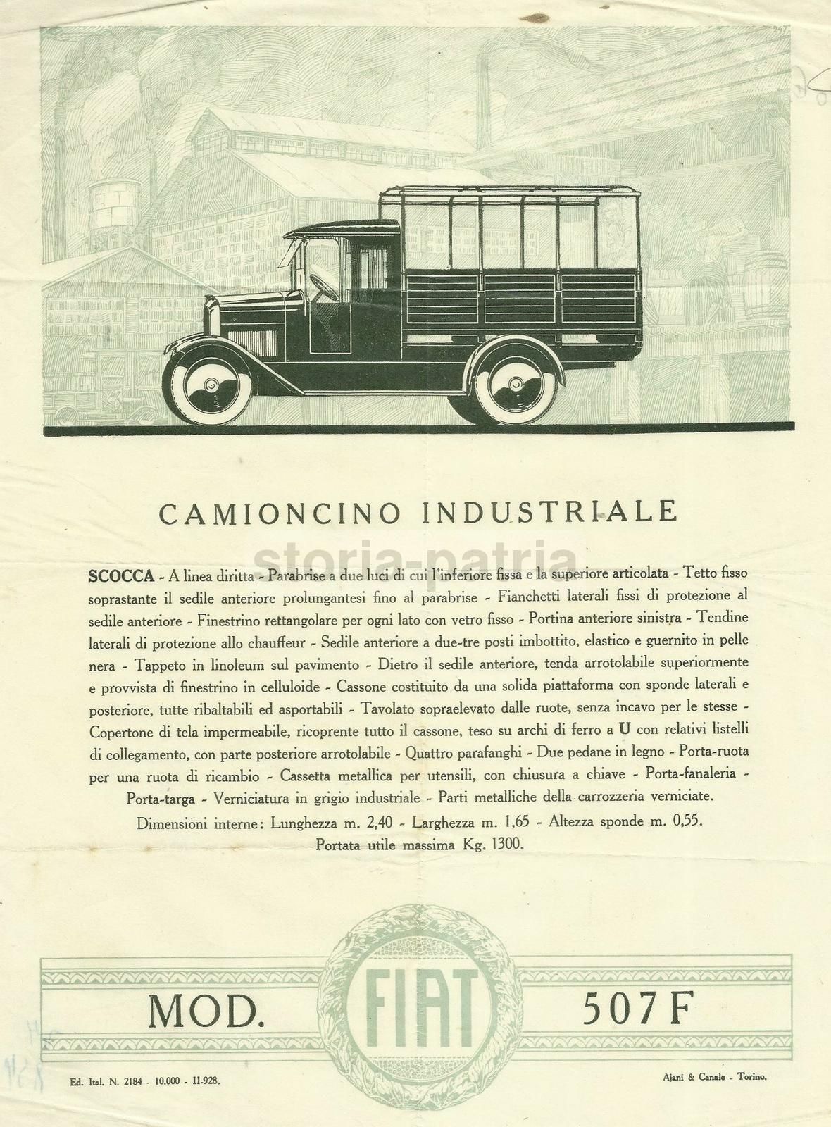 Depliant Pubblicitario Fiat 507 F, Anni '20 '30. Stampa d'Epoca