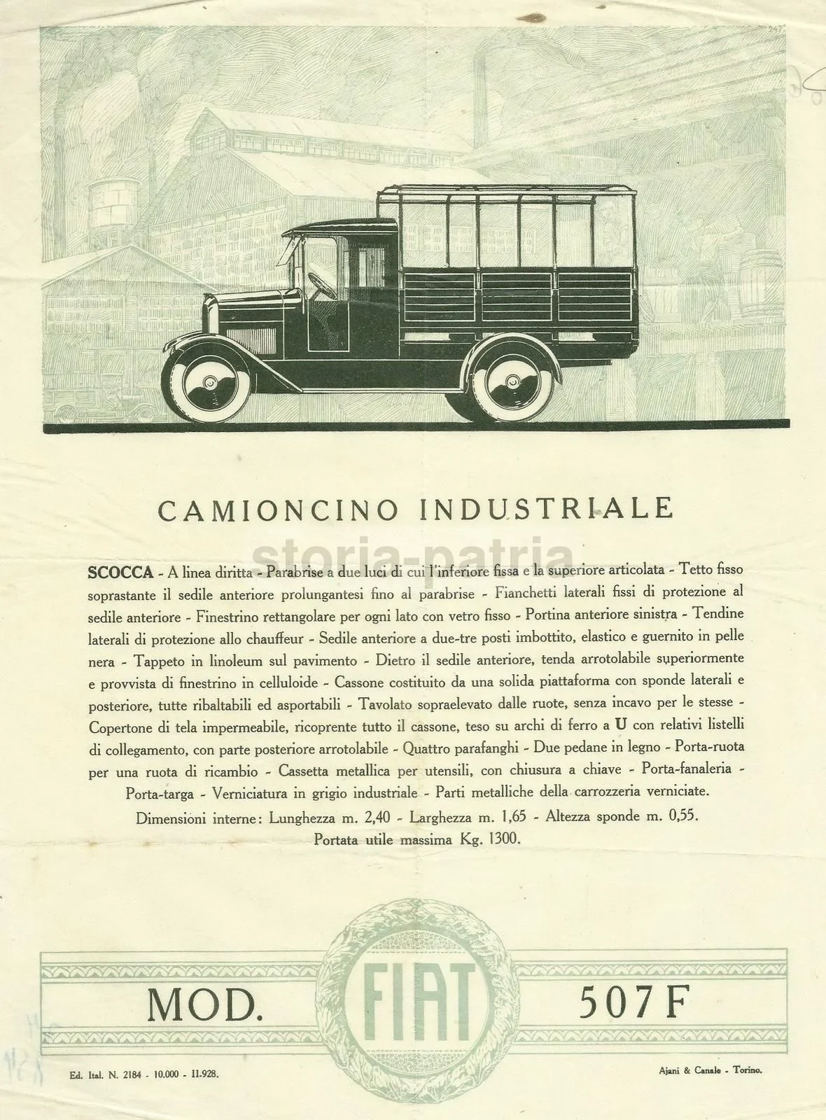 Depliant Pubblicitario Fiat 507 F, Anni '20 '30. Stampa d'epoca