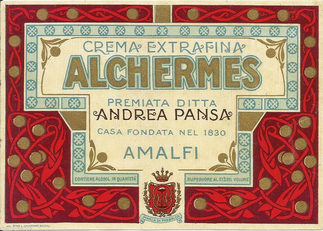 Etichetta Crema Alchermes Liquorificio Pansa Amalfi Liberty 1900