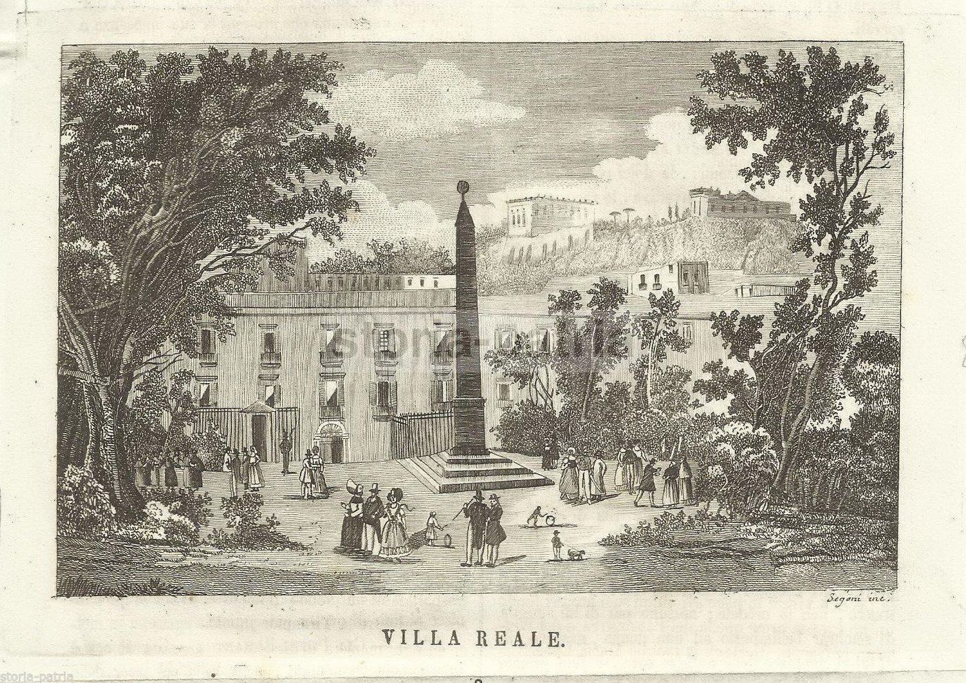 Incisione Antica Villa Reale Napoli Con Obelisco, Prima Metà '800