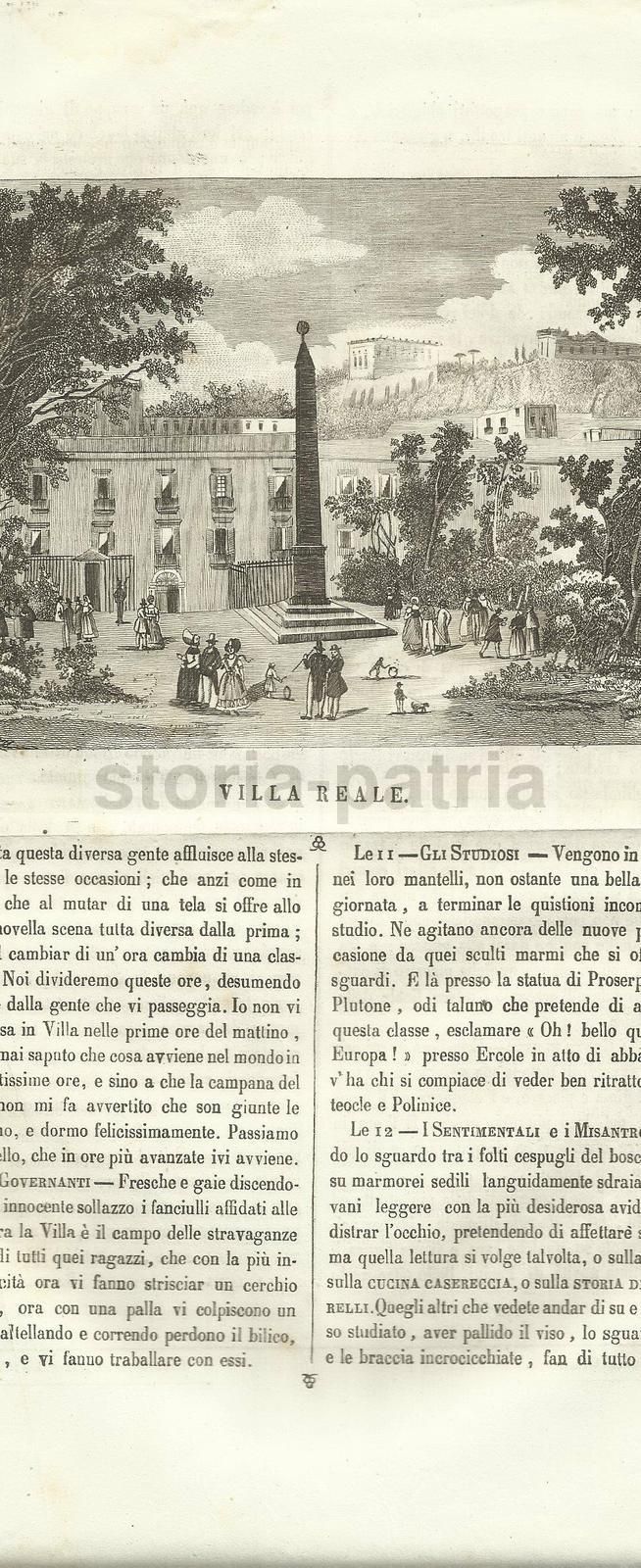 Incisione Antica Villa Reale Napoli Con Obelisco, Prima Metà '800