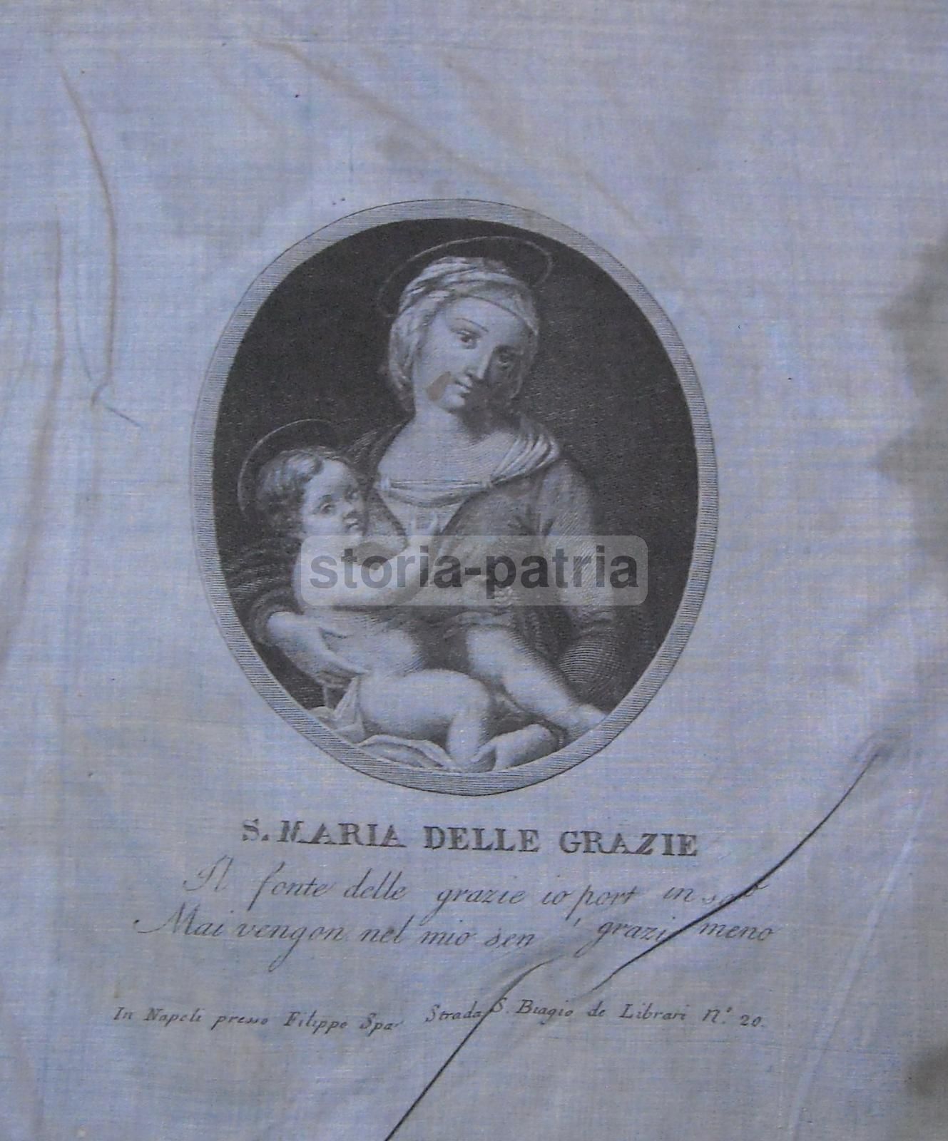 Stampa Devozionale Madonna Delle Grazie Su Tessuto, Napoli, 1850 Circa