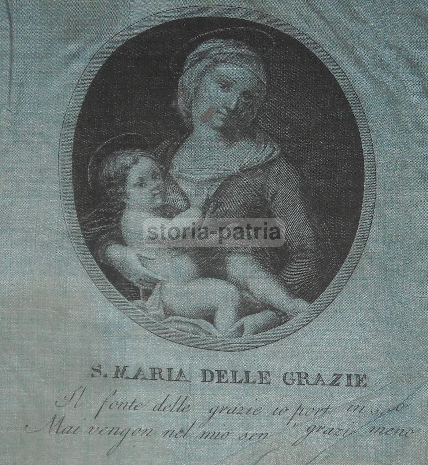 Stampa Devozionale Madonna Delle Grazie Su Tessuto, Napoli, 1850 Circa