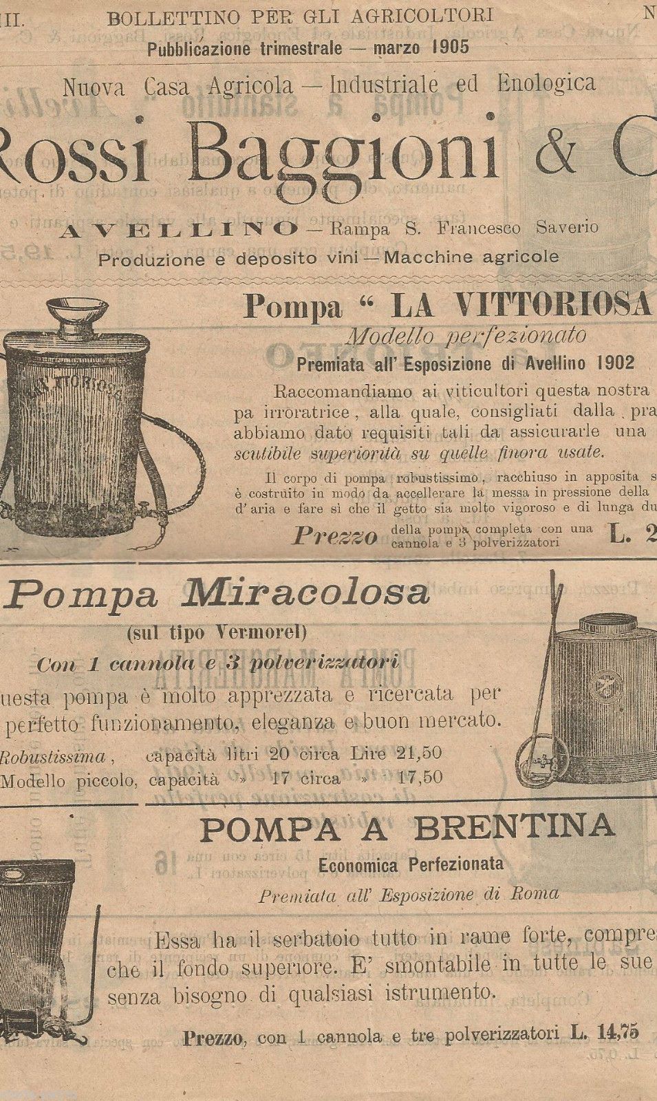 Bollettino Agricoltori Avellino 1905 Pompe Irroratrici Concimi