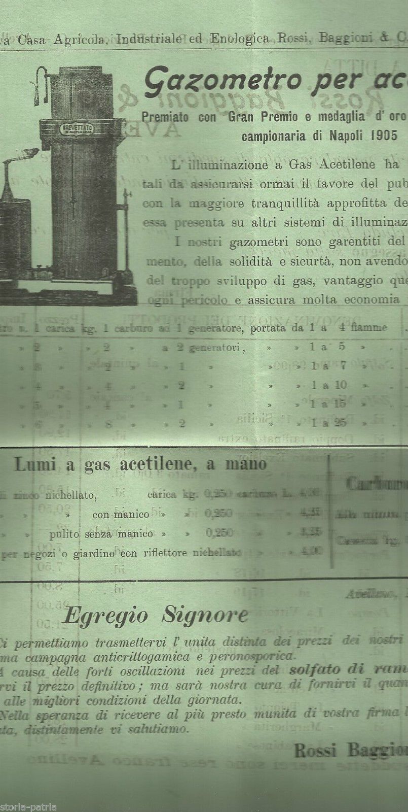 Volantino Pubblicitario Rossi, Baggioni & C. Avellino 1905   Acetilene
