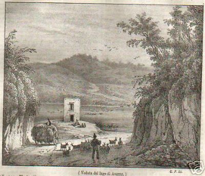 Litografia Lago Di Averno, 1839. Veduta Paesaggistica Di Napoli.