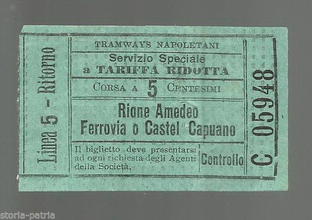 Biglietto Tramways Napoletani Rione Amedeo Castel Capuano, 1900 Circa
