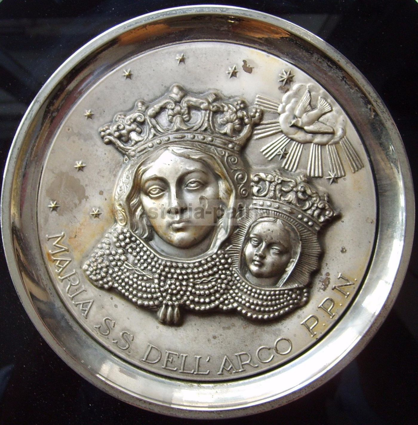 Pannello Madonna Dell'Arco In Metallo Argentato, Anni '30, Napoli
