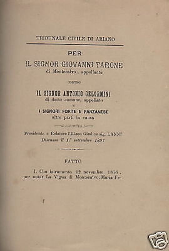 Causa Tarone Gelormini, Montecalvo E Ariano, 1897. Allegazione Giuridica