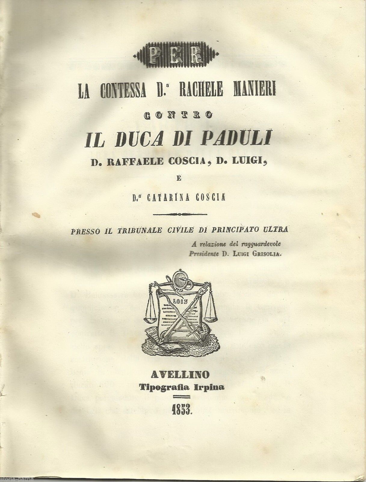 Allegazione Giuridica Manieri Vs Coscia, Avellino 1853, Irpinia