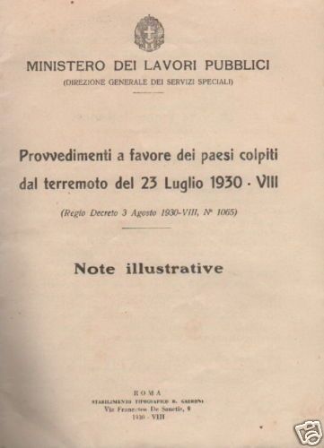 Terremoto Irpinia 1930 Provvedimenti Governativi Ministero Roma