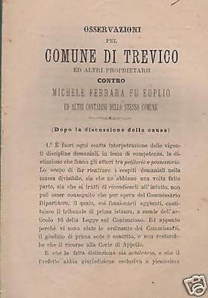 Osservazioni Pel Comune Di Trevico Contro Michele Ferrara (1885)   Vertenza Demaniale Irpinia