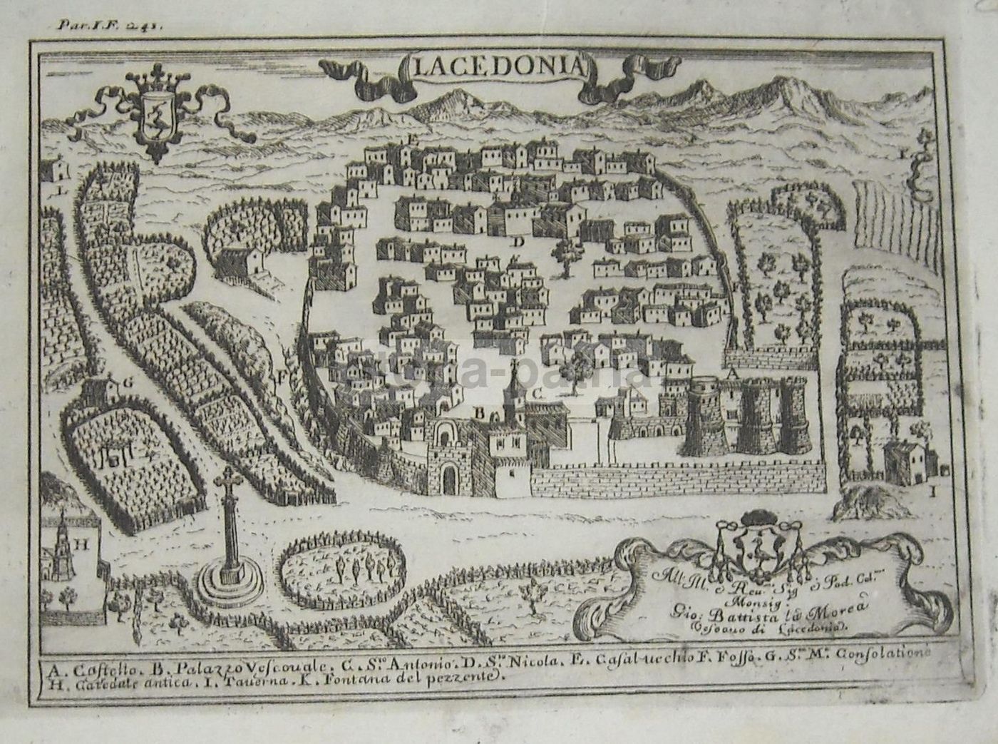 Lacedonia: Veduta Antica Di Pacichelli (1700), Incisione Con Stemma Araldico Dell'Irpinia