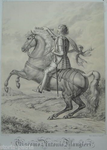 Giacomo Antonio Filangieri: Ritratto Equestre In Costume Militare. Litografia Originale Di Gaetano Dura, Napoli, Metà XIX Secolo.