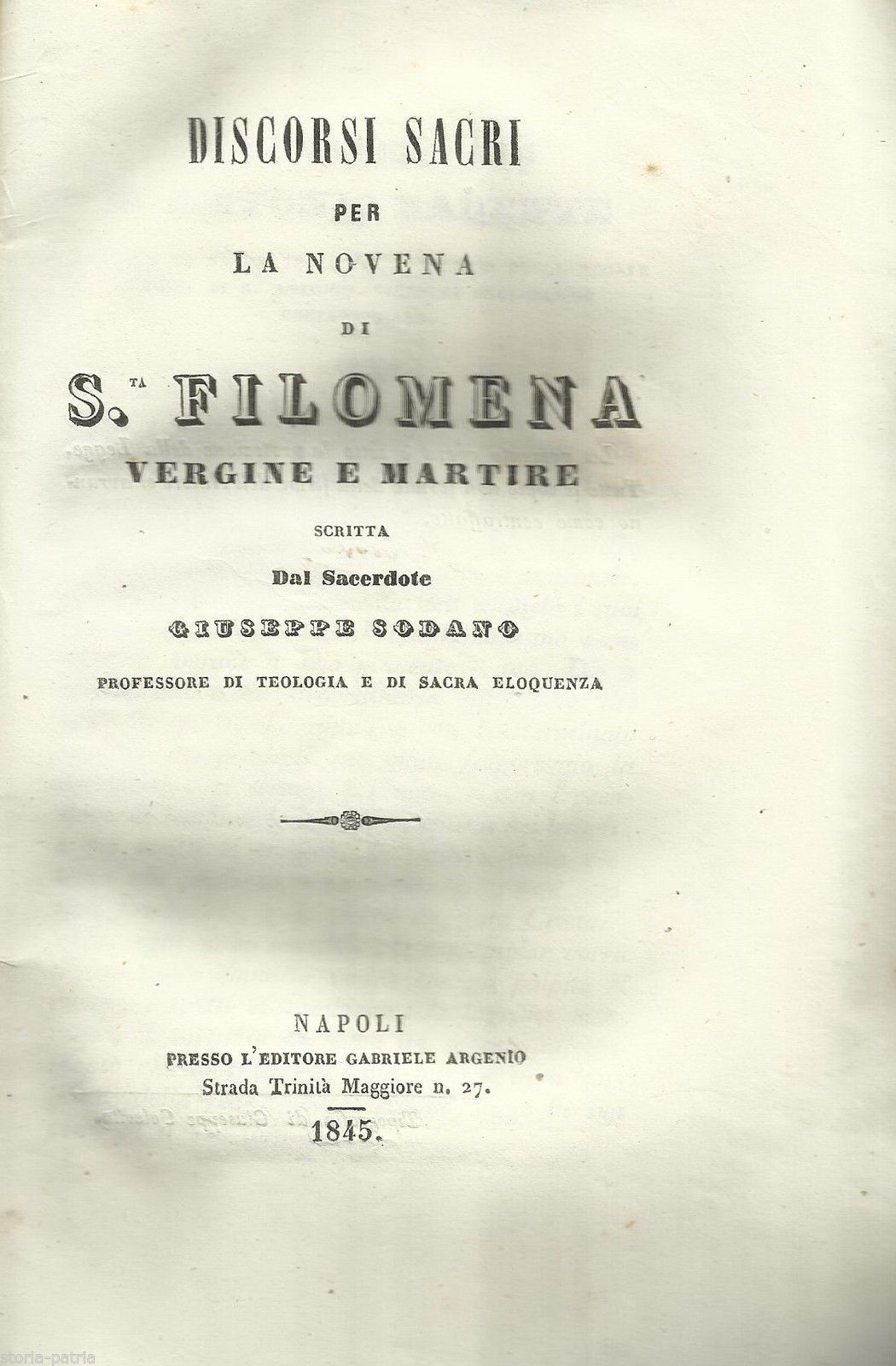 Discorsi Sacri Per La Novena Di Santa Filomena, Giuseppe Sodano, Napoli 1845