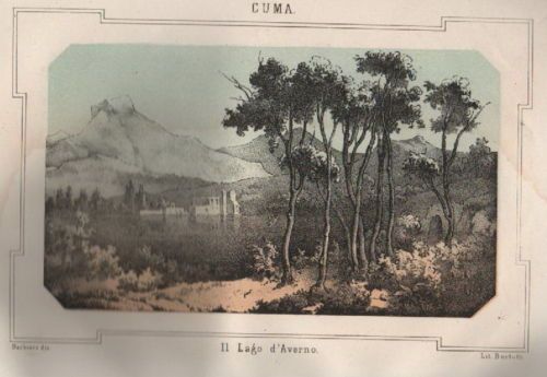 Lago d'Averno, Cuma, Napoli. Stampa Litografica Colorata, XIX Secolo