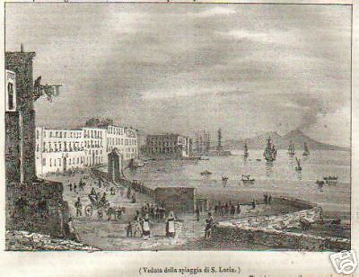 Veduta Della Spiaggia Di Santa Lucia, Napoli. Litografia Originale Del 1838