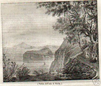 Antica Veduta Dell'Isola Di Nisida, Napoli. Litografia Originale, 1839