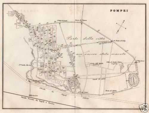 Mappa Topografica Antica Di Pompei, Metà '800, Stampa Litografica