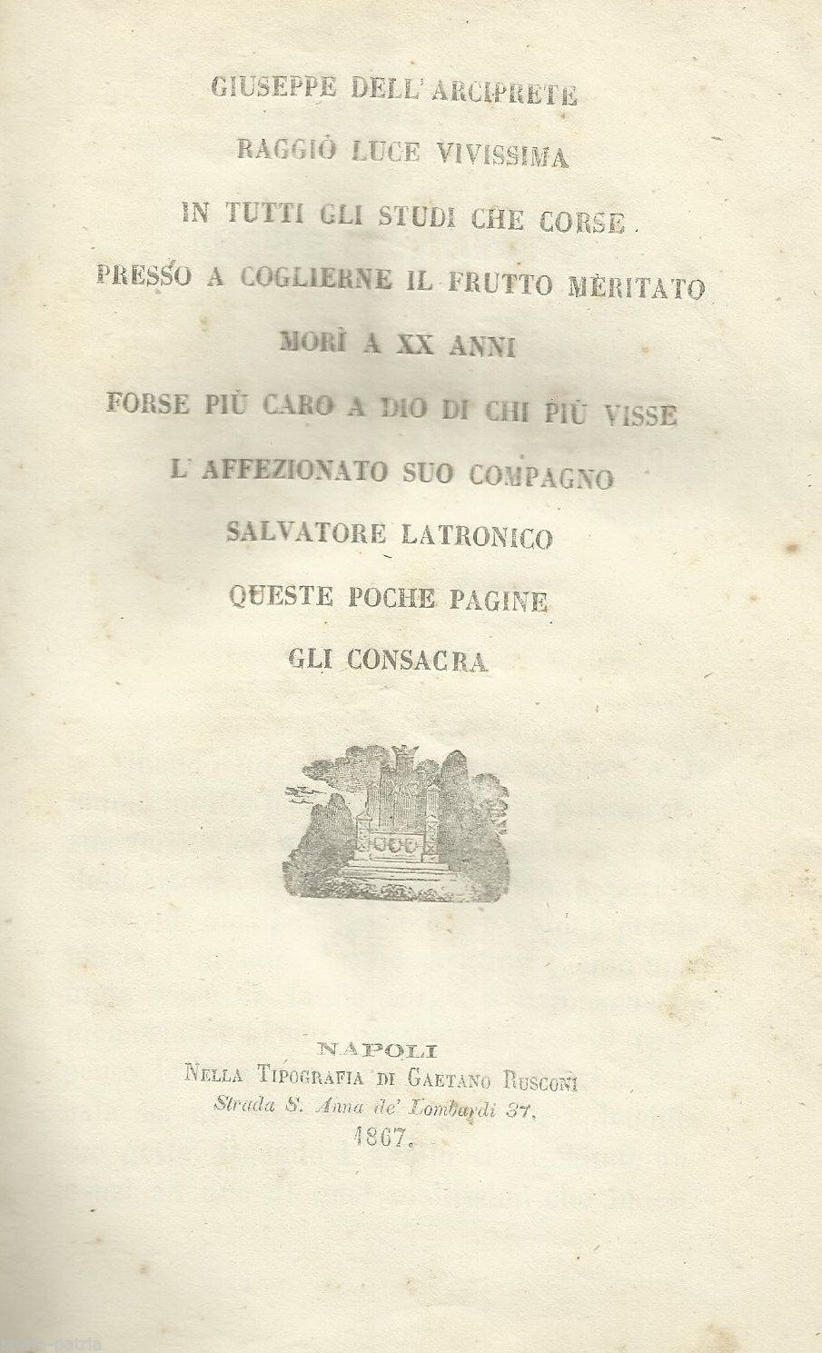 Dissertazione Giuseppe Dell'Arciprete 1867 Napoli Rara Edizione