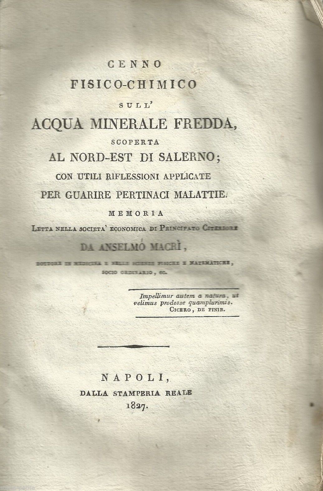 Macrì, Cenno Fisico Chimico Sull'Acqua Minerale Di Salerno, 1827