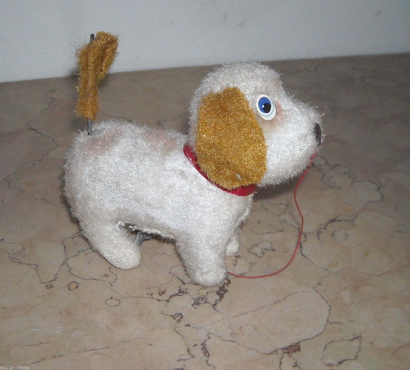 Cane Giocattolo d'Epoca A Corda Con Meccanismo Scodinzolante